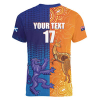 Custom Scotland and Australia Rugby Women V-Neck T-Shirt Wallabies Thistle Together