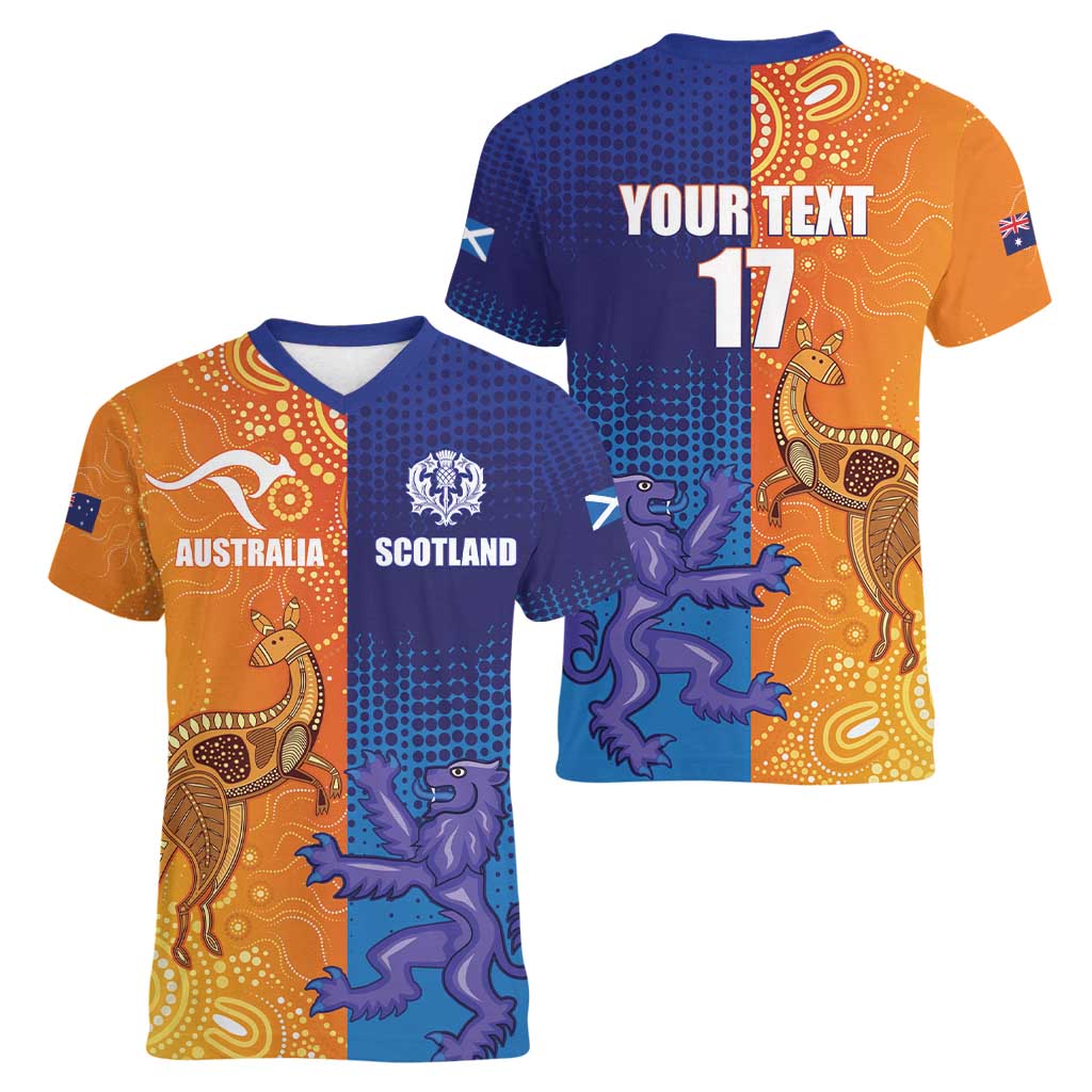 Custom Scotland and Australia Rugby Women V-Neck T-Shirt Wallabies Thistle Together
