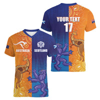 Custom Scotland and Australia Rugby Women V-Neck T-Shirt Wallabies Thistle Together