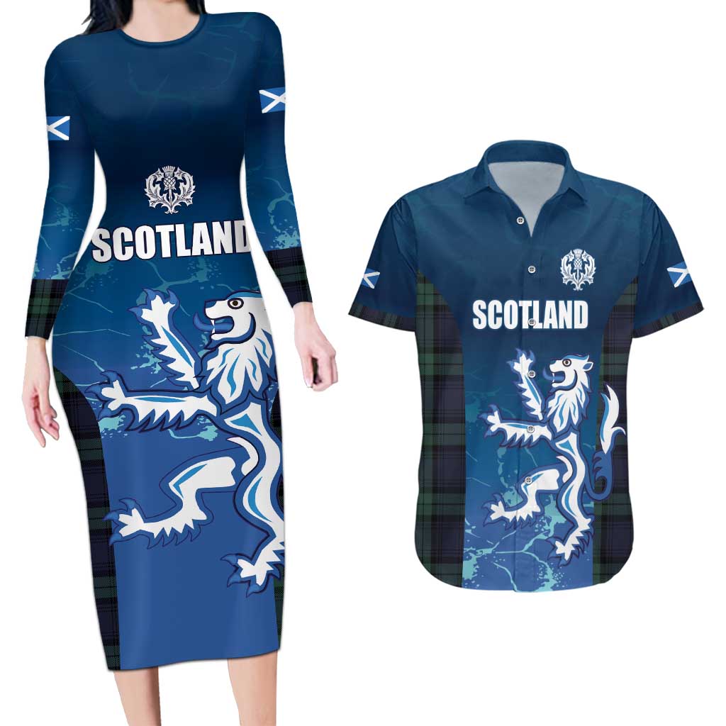 Custom Scotland Rugby Couples Matching Long Sleeve Bodycon Dress and Hawaiian Shirt Go Scottish Thistle