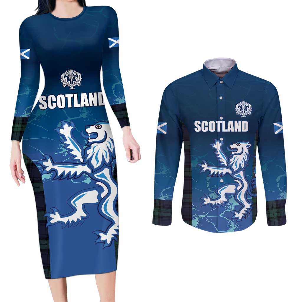Custom Scotland Rugby Couples Matching Long Sleeve Bodycon Dress and Long Sleeve Button Shirt Go Scottish Thistle