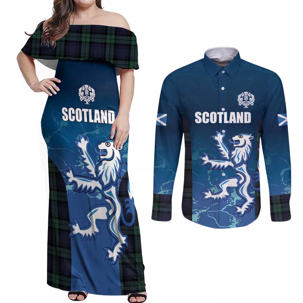 Custom Scotland Rugby Couples Matching Off Shoulder Maxi Dress and Long Sleeve Button Shirt Go Scottish Thistle