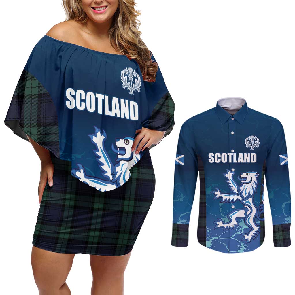 Custom Scotland Rugby Couples Matching Off Shoulder Short Dress and Long Sleeve Button Shirt Go Scottish Thistle