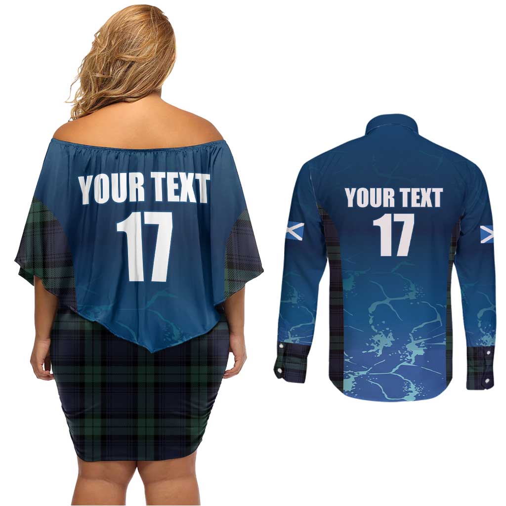 Custom Scotland Rugby Couples Matching Off Shoulder Short Dress and Long Sleeve Button Shirt Go Scottish Thistle
