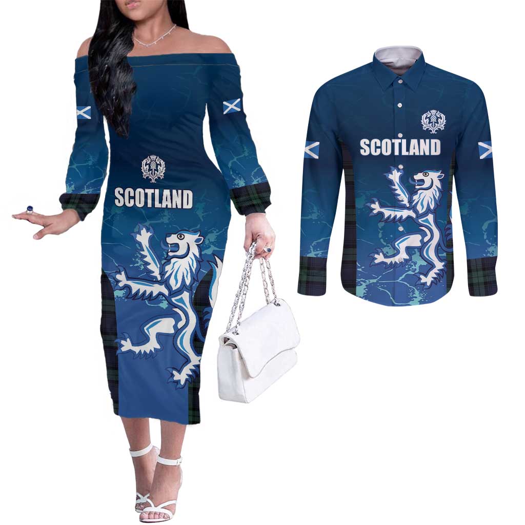 Custom Scotland Rugby Couples Matching Off The Shoulder Long Sleeve Dress and Long Sleeve Button Shirt Go Scottish Thistle