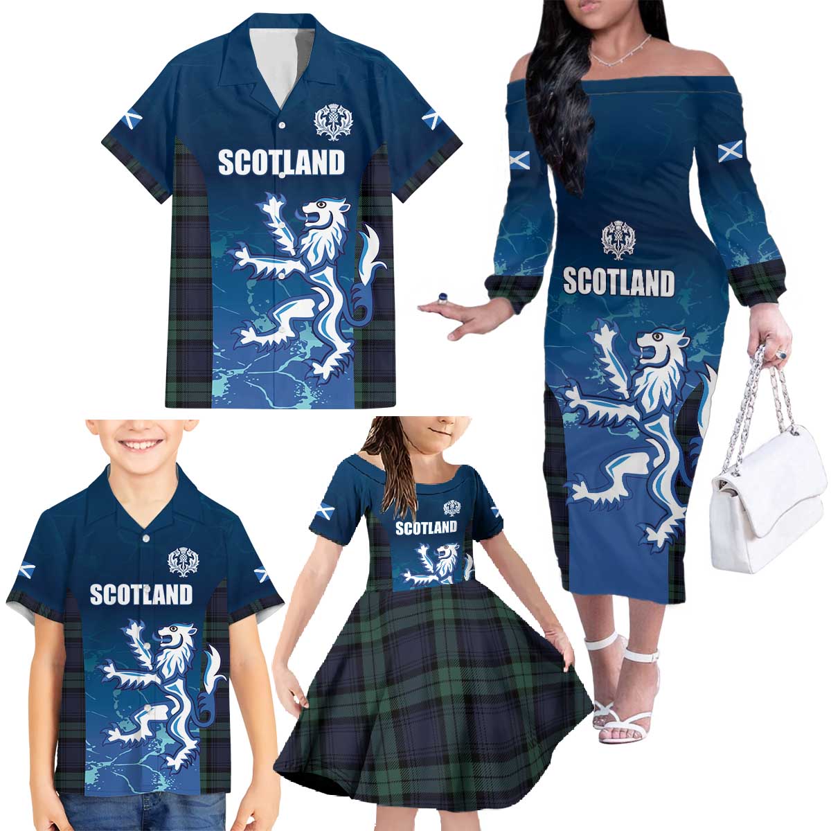 Custom Scotland Rugby Family Matching Off The Shoulder Long Sleeve Dress and Hawaiian Shirt Go Scottish Thistle