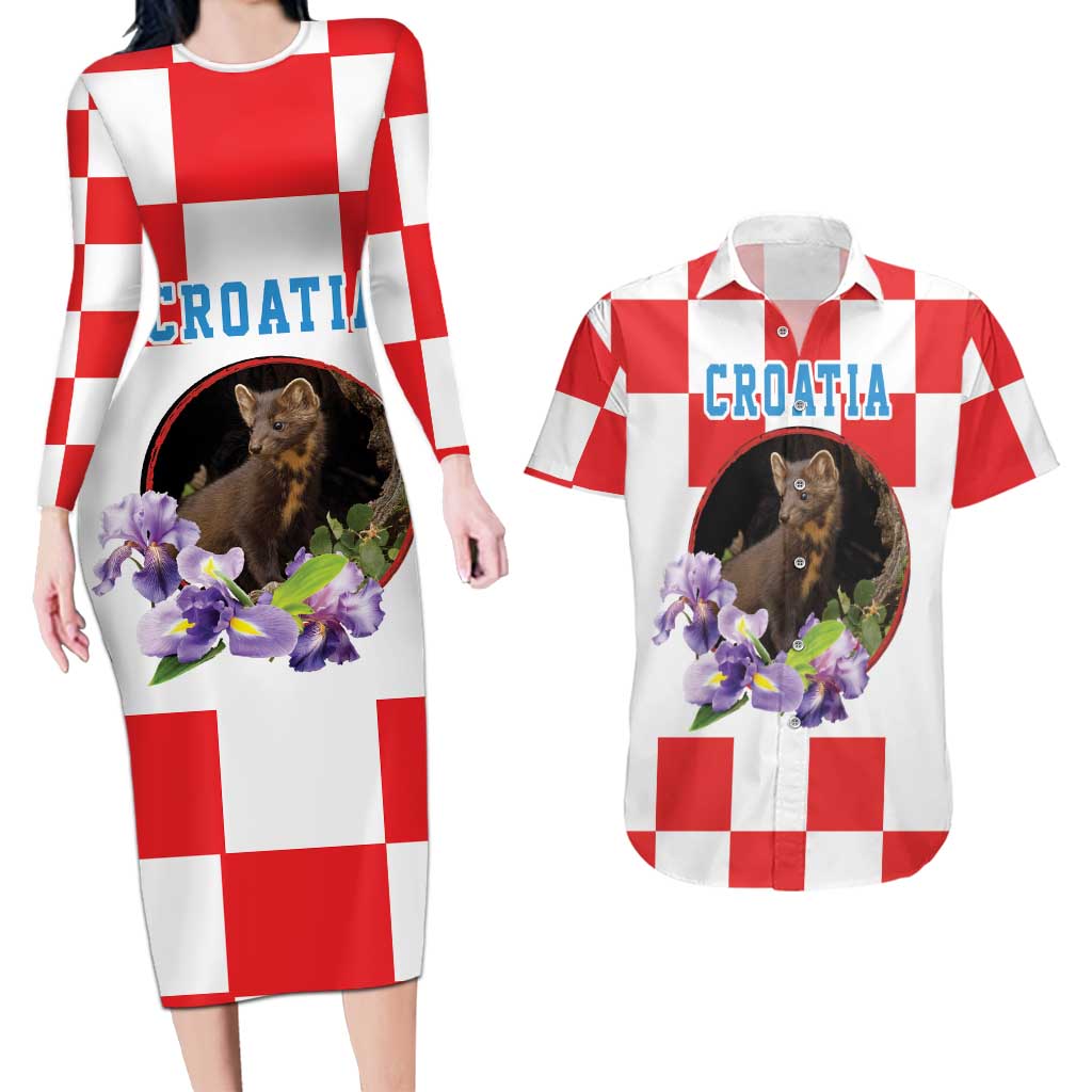 Croatia European Pine Marten and Iris Couples Matching Long Sleeve Bodycon Dress and Hawaiian Shirt National Animal and Flowers