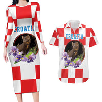 Croatia European Pine Marten and Iris Couples Matching Long Sleeve Bodycon Dress and Hawaiian Shirt National Animal and Flowers