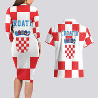 Croatia European Pine Marten and Iris Couples Matching Long Sleeve Bodycon Dress and Hawaiian Shirt National Animal and Flowers