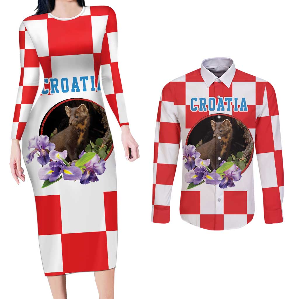 Croatia European Pine Marten and Iris Couples Matching Long Sleeve Bodycon Dress and Long Sleeve Button Shirt National Animal and Flowers