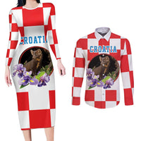 Croatia European Pine Marten and Iris Couples Matching Long Sleeve Bodycon Dress and Long Sleeve Button Shirt National Animal and Flowers