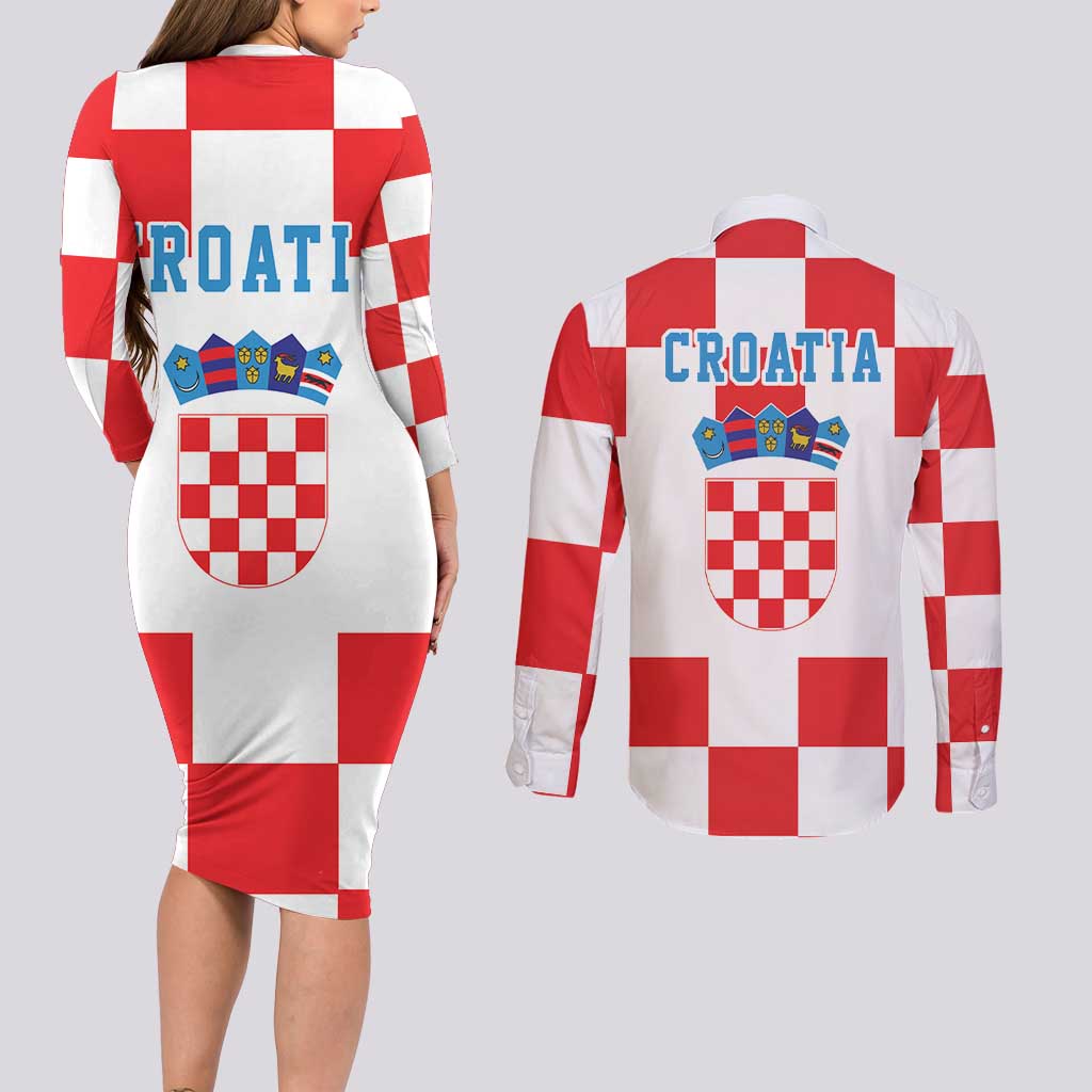 Croatia European Pine Marten and Iris Couples Matching Long Sleeve Bodycon Dress and Long Sleeve Button Shirt National Animal and Flowers