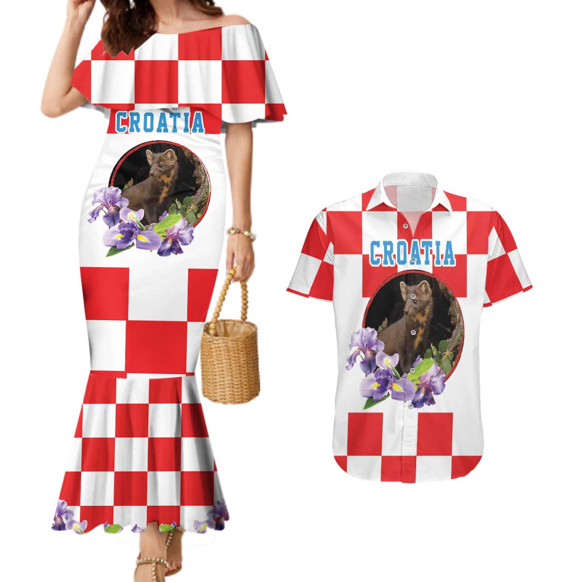 Croatia European Pine Marten and Iris Couples Matching Mermaid Dress and Hawaiian Shirt National Animal and Flowers