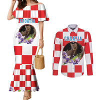 Croatia European Pine Marten and Iris Couples Matching Mermaid Dress and Long Sleeve Button Shirt National Animal and Flowers