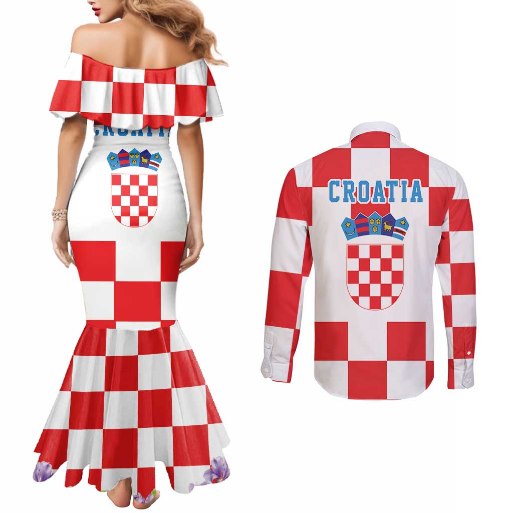 Croatia European Pine Marten and Iris Couples Matching Mermaid Dress and Long Sleeve Button Shirt National Animal and Flowers