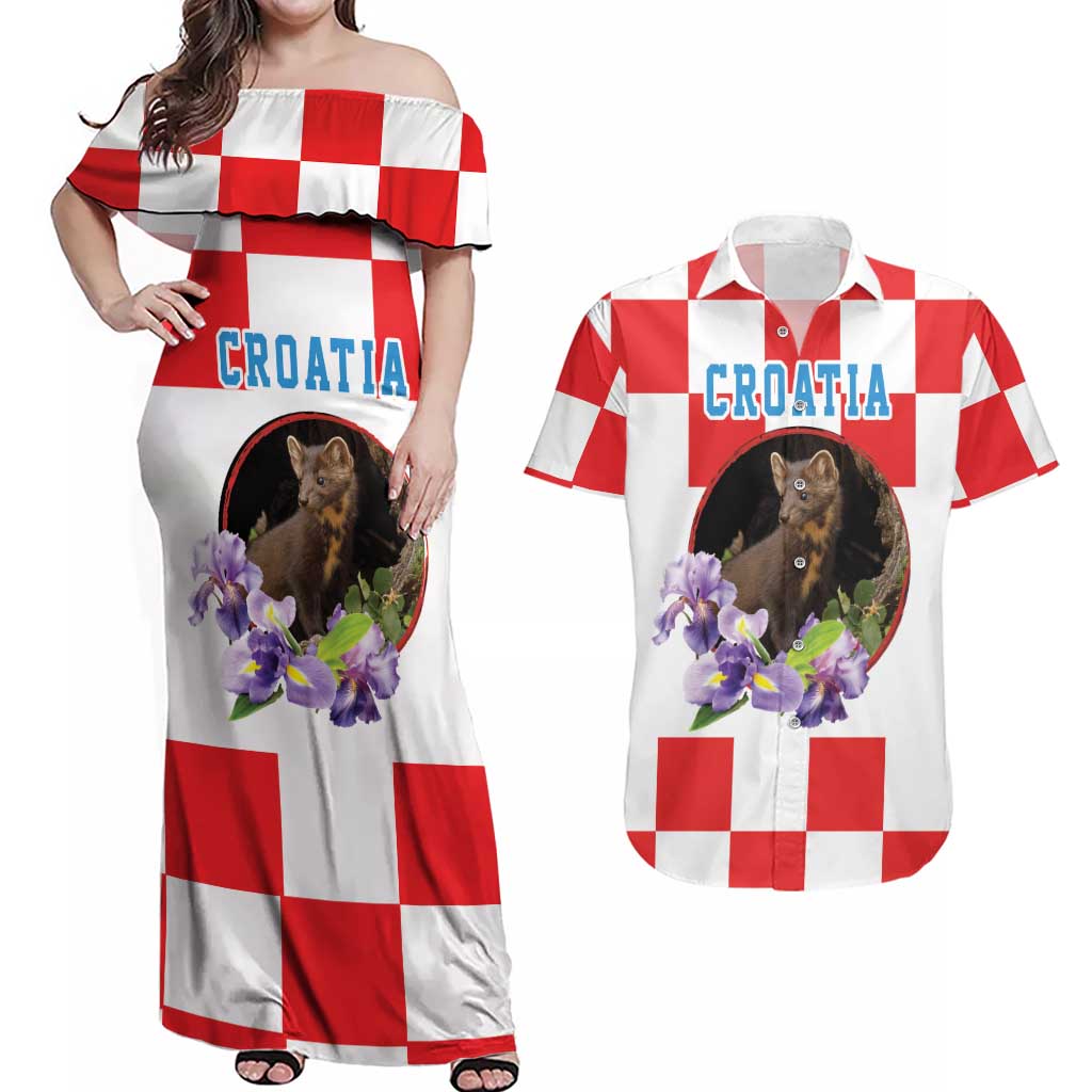 Croatia European Pine Marten and Iris Couples Matching Off Shoulder Maxi Dress and Hawaiian Shirt National Animal and Flowers