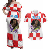 Croatia European Pine Marten and Iris Couples Matching Off Shoulder Maxi Dress and Hawaiian Shirt National Animal and Flowers