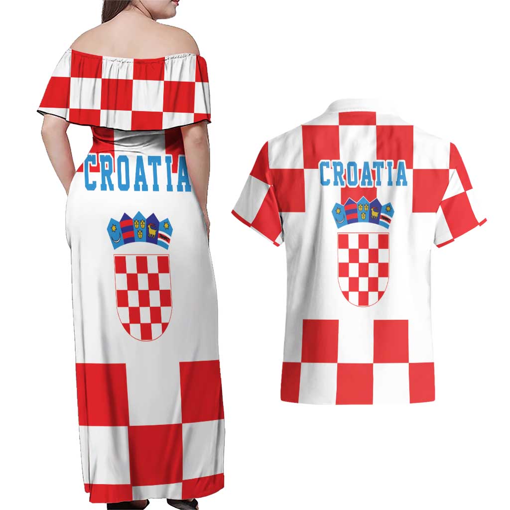 Croatia European Pine Marten and Iris Couples Matching Off Shoulder Maxi Dress and Hawaiian Shirt National Animal and Flowers