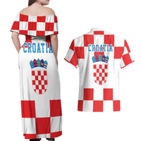 Croatia European Pine Marten and Iris Couples Matching Off Shoulder Maxi Dress and Hawaiian Shirt National Animal and Flowers