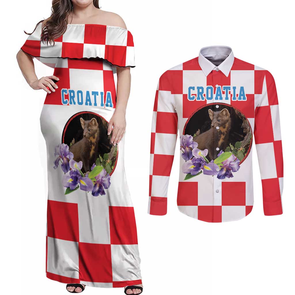 Croatia European Pine Marten and Iris Couples Matching Off Shoulder Maxi Dress and Long Sleeve Button Shirt National Animal and Flowers