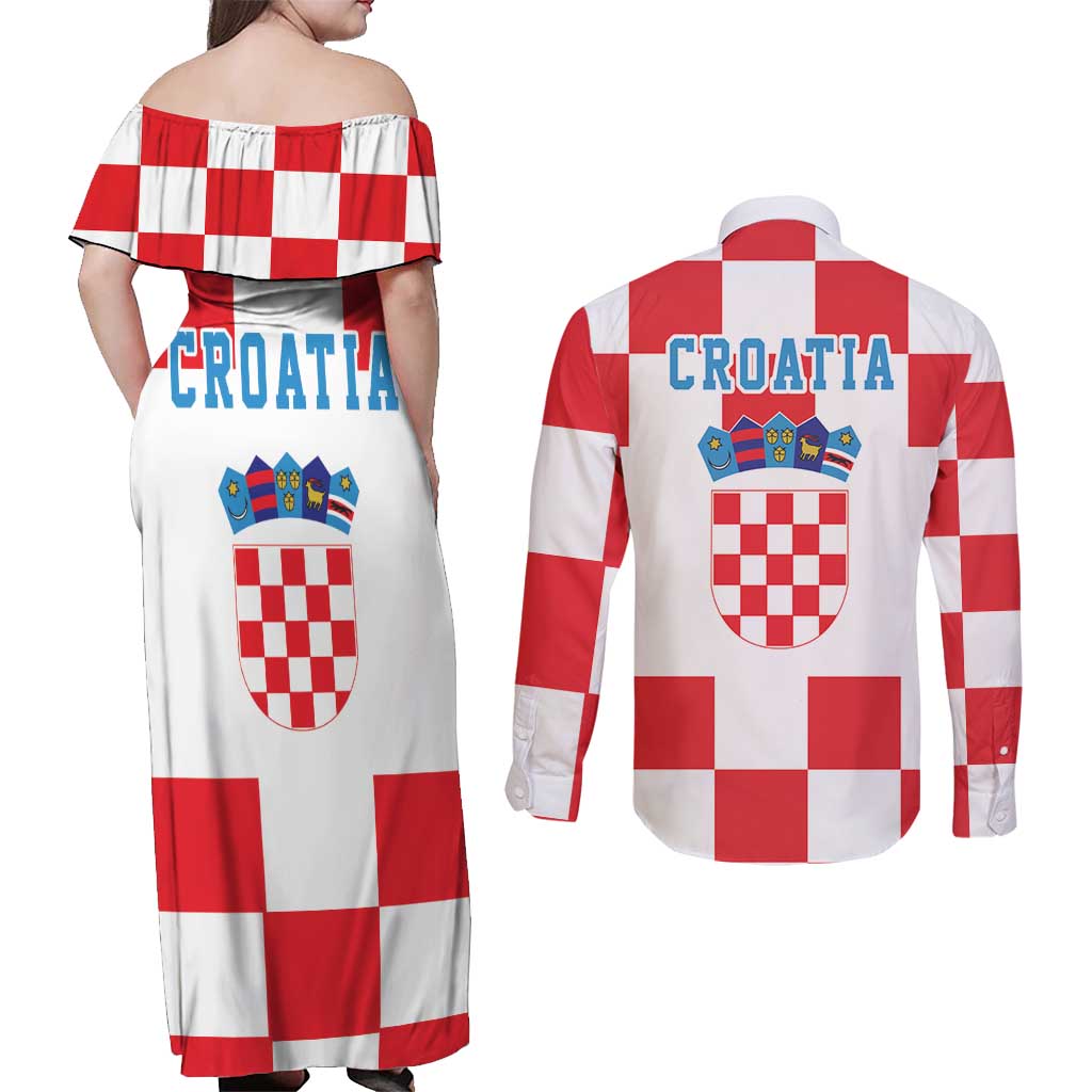 Croatia European Pine Marten and Iris Couples Matching Off Shoulder Maxi Dress and Long Sleeve Button Shirt National Animal and Flowers