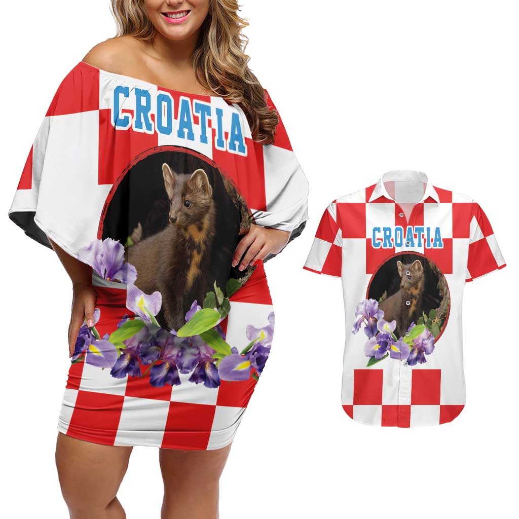 Croatia European Pine Marten and Iris Couples Matching Off Shoulder Short Dress and Hawaiian Shirt National Animal and Flowers