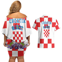 Croatia European Pine Marten and Iris Couples Matching Off Shoulder Short Dress and Hawaiian Shirt National Animal and Flowers