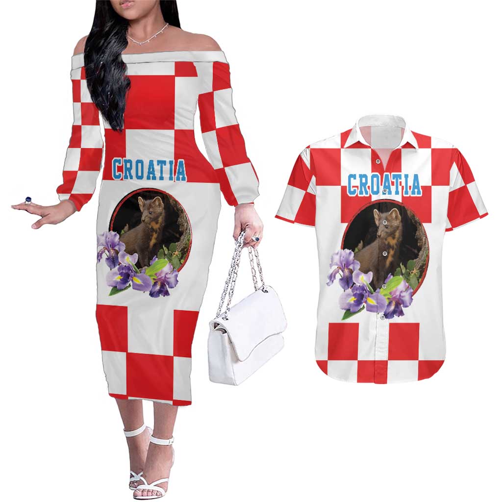Croatia European Pine Marten and Iris Couples Matching Off The Shoulder Long Sleeve Dress and Hawaiian Shirt National Animal and Flowers