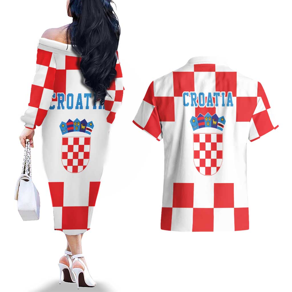 Croatia European Pine Marten and Iris Couples Matching Off The Shoulder Long Sleeve Dress and Hawaiian Shirt National Animal and Flowers