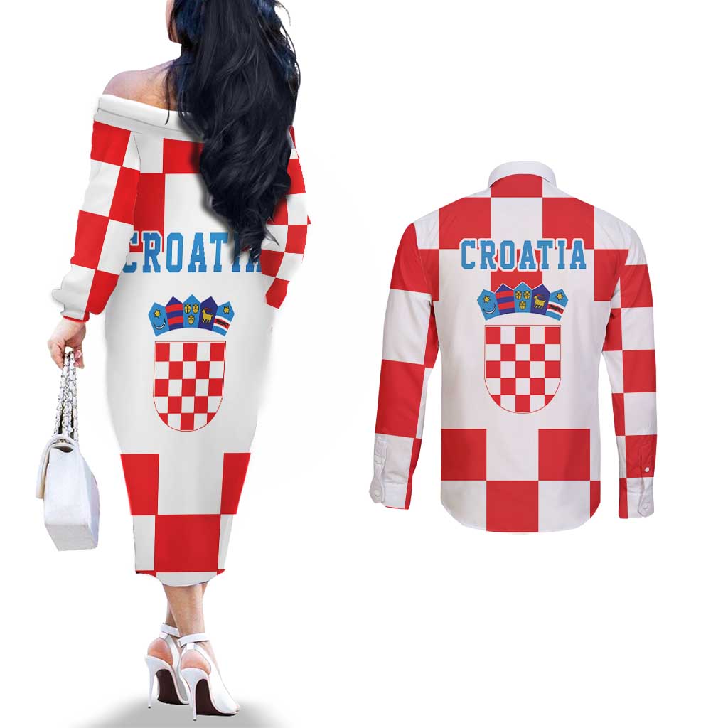 Croatia European Pine Marten and Iris Couples Matching Off The Shoulder Long Sleeve Dress and Long Sleeve Button Shirt National Animal and Flowers