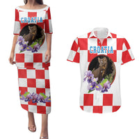 Croatia European Pine Marten and Iris Couples Matching Puletasi and Hawaiian Shirt National Animal and Flowers
