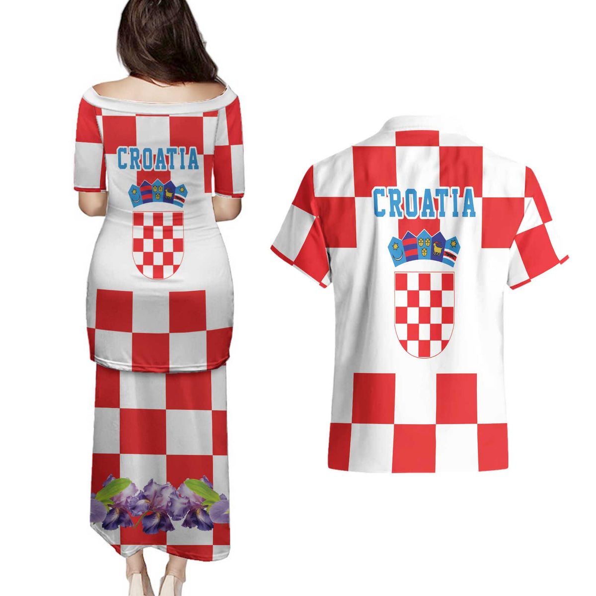 Croatia European Pine Marten and Iris Couples Matching Puletasi and Hawaiian Shirt National Animal and Flowers