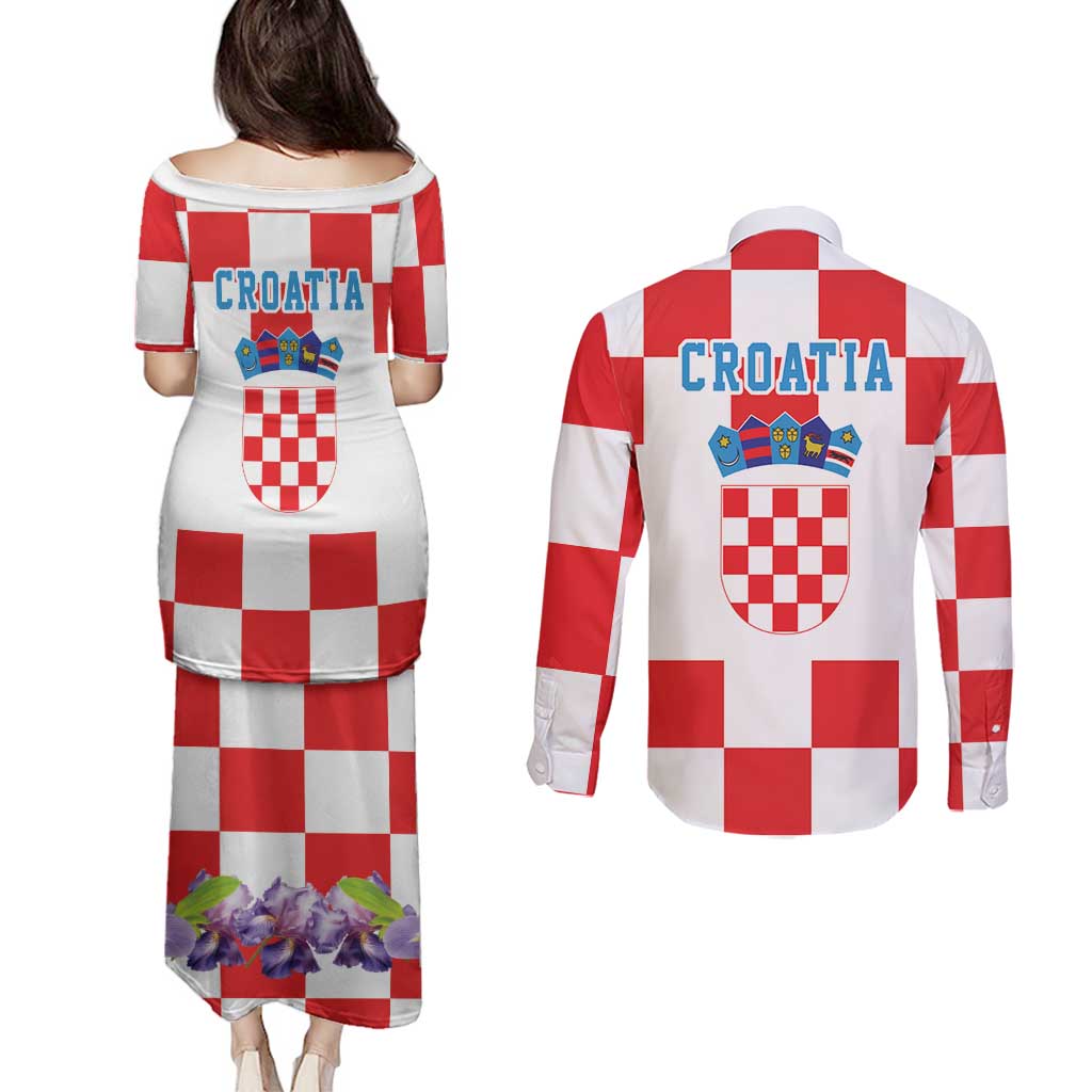 Croatia European Pine Marten and Iris Couples Matching Puletasi and Long Sleeve Button Shirt National Animal and Flowers