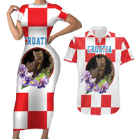 Croatia European Pine Marten and Iris Couples Matching Short Sleeve Bodycon Dress and Hawaiian Shirt National Animal and Flowers