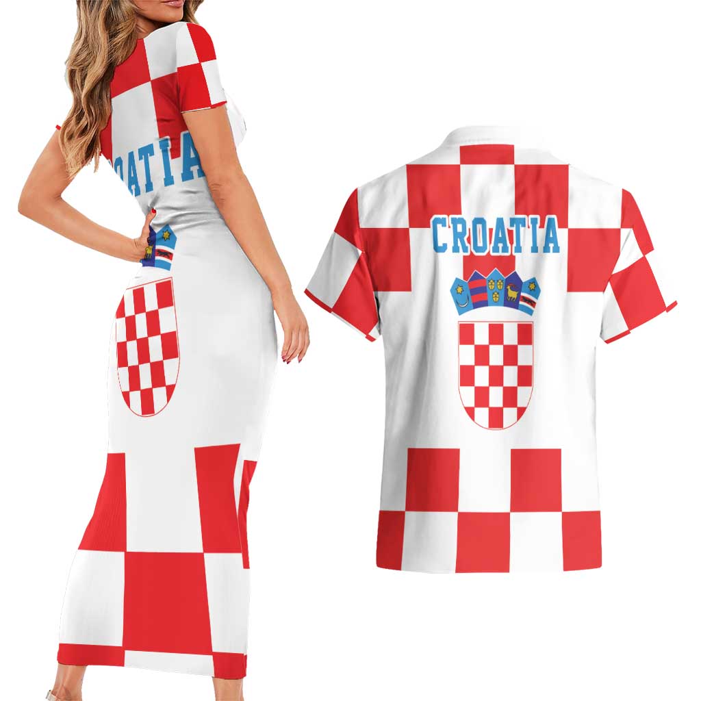 Croatia European Pine Marten and Iris Couples Matching Short Sleeve Bodycon Dress and Hawaiian Shirt National Animal and Flowers