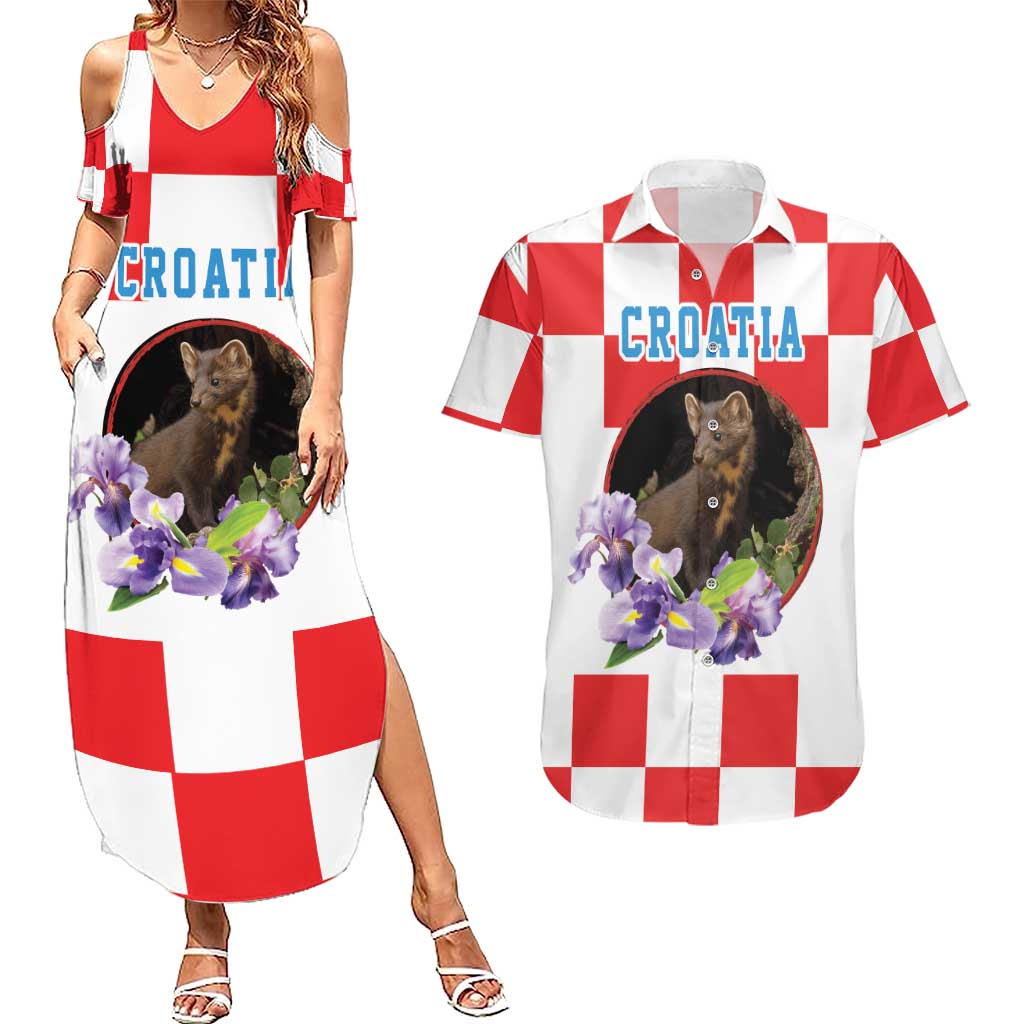 Croatia European Pine Marten and Iris Couples Matching Summer Maxi Dress and Hawaiian Shirt National Animal and Flowers