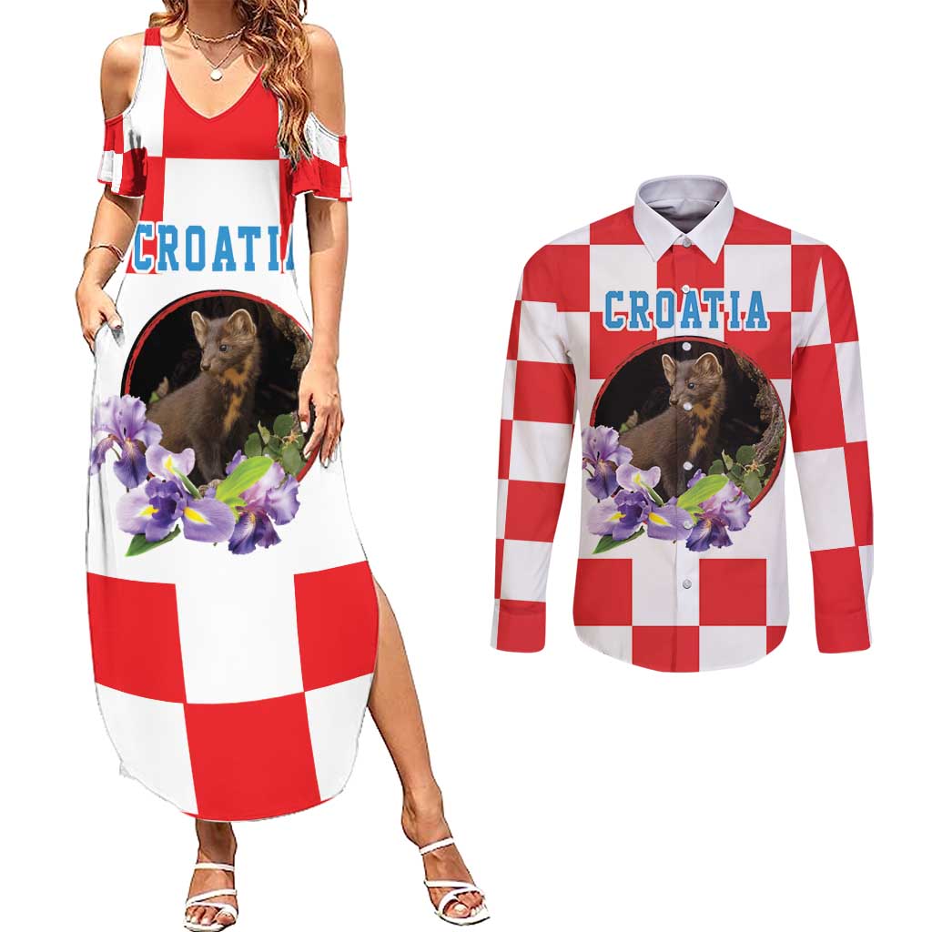 Croatia European Pine Marten and Iris Couples Matching Summer Maxi Dress and Long Sleeve Button Shirt National Animal and Flowers