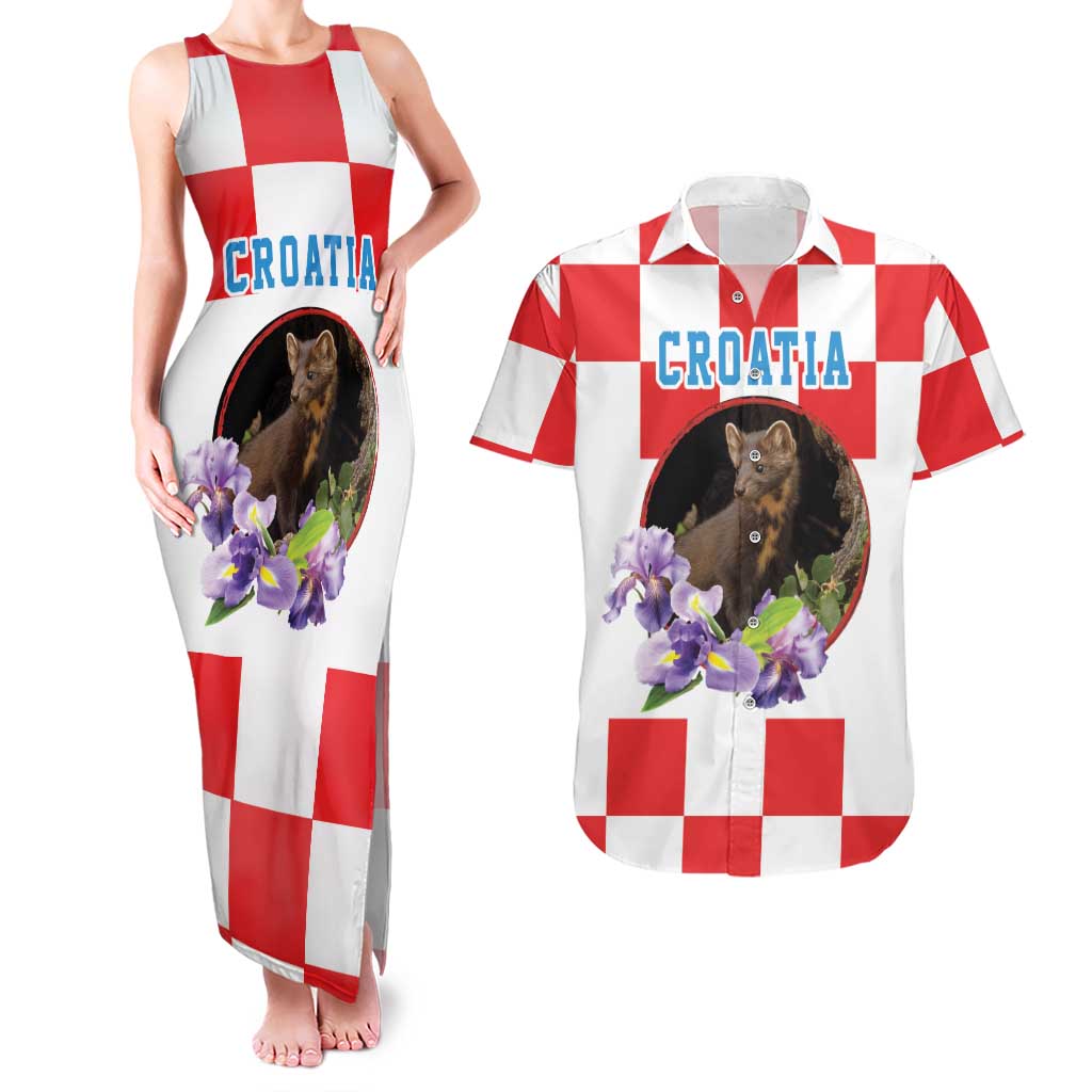 Croatia European Pine Marten and Iris Couples Matching Tank Maxi Dress and Hawaiian Shirt National Animal and Flowers