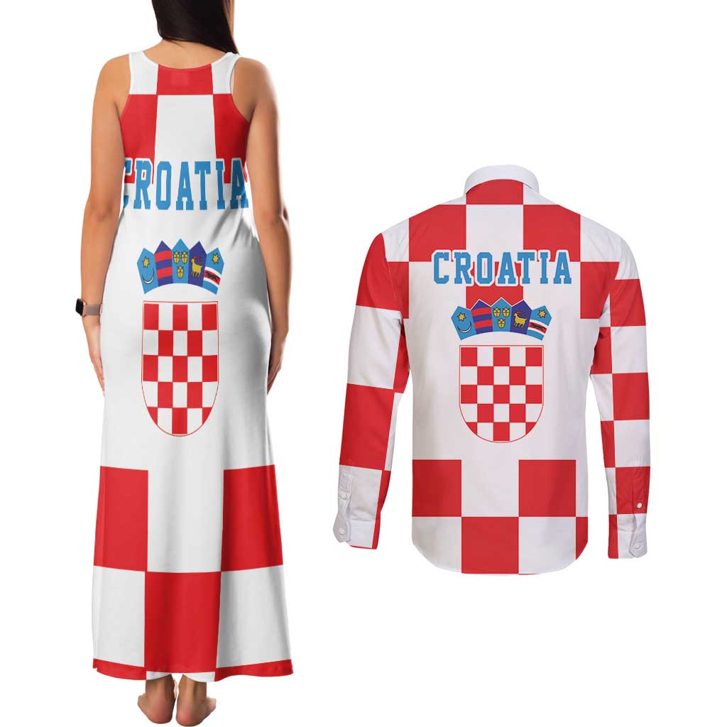 Croatia European Pine Marten and Iris Couples Matching Tank Maxi Dress and Long Sleeve Button Shirt National Animal and Flowers