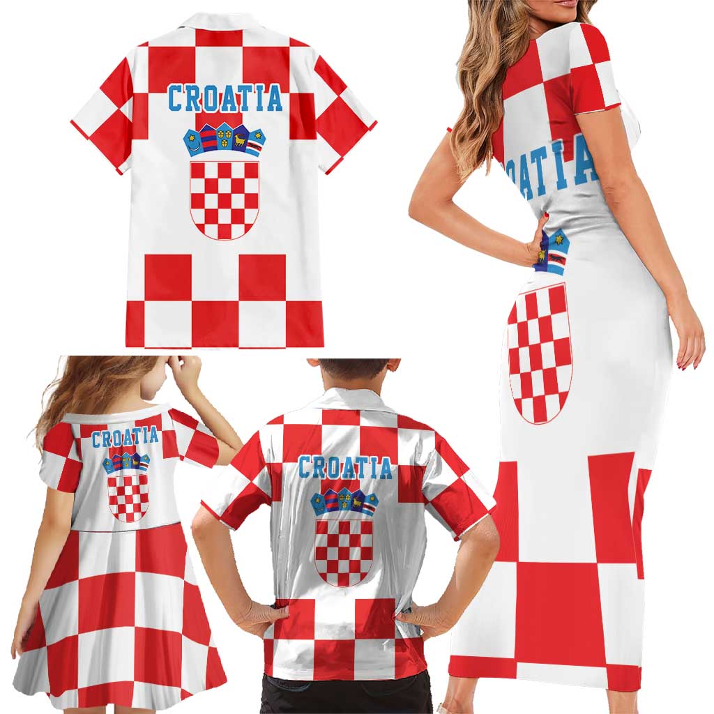 Croatia European Pine Marten and Iris Family Matching Short Sleeve Bodycon Dress and Hawaiian Shirt National Animal and Flowers LT17 - Wonder Print Shop