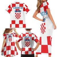 Croatia European Pine Marten and Iris Family Matching Short Sleeve Bodycon Dress and Hawaiian Shirt National Animal and Flowers LT17 - Wonder Print Shop