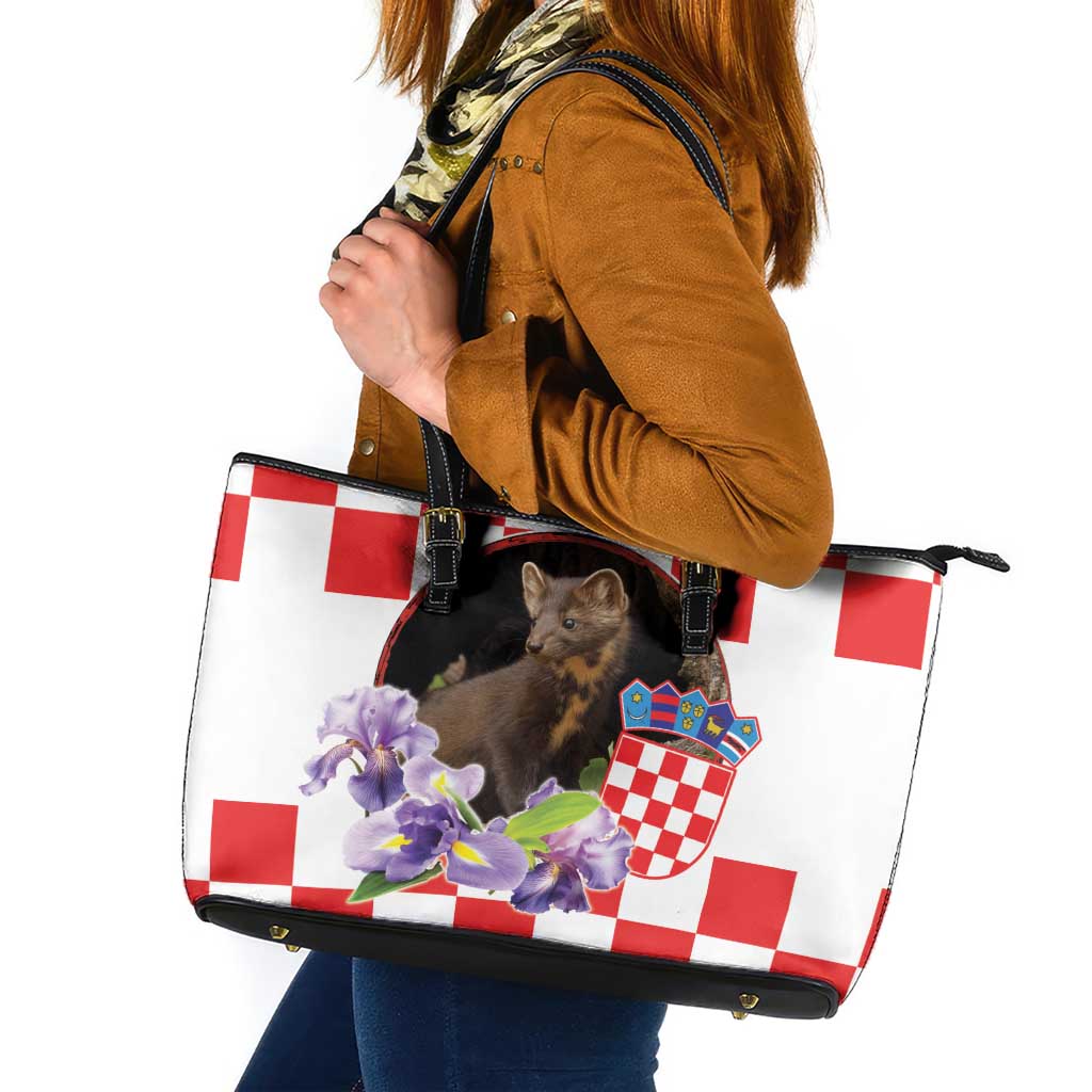 Croatia European Pine Marten and Iris Leather Tote Bag National Animal and Flowers