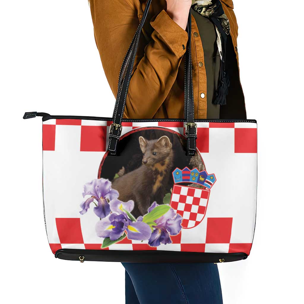 Croatia European Pine Marten and Iris Leather Tote Bag National Animal and Flowers