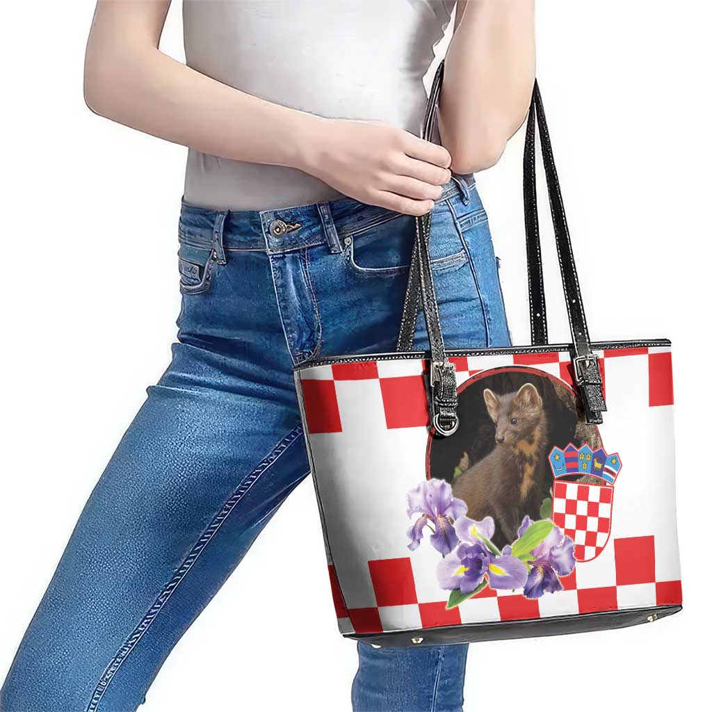 Croatia European Pine Marten and Iris Leather Tote Bag National Animal and Flowers