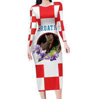 Croatia European Pine Marten and Iris Long Sleeve Bodycon Dress National Animal and Flowers LT17 - Wonder Print Shop