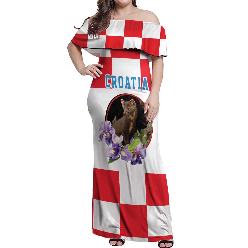 Croatia European Pine Marten and Iris Off Shoulder Maxi Dress National Animal and Flowers LT17 - Wonder Print Shop