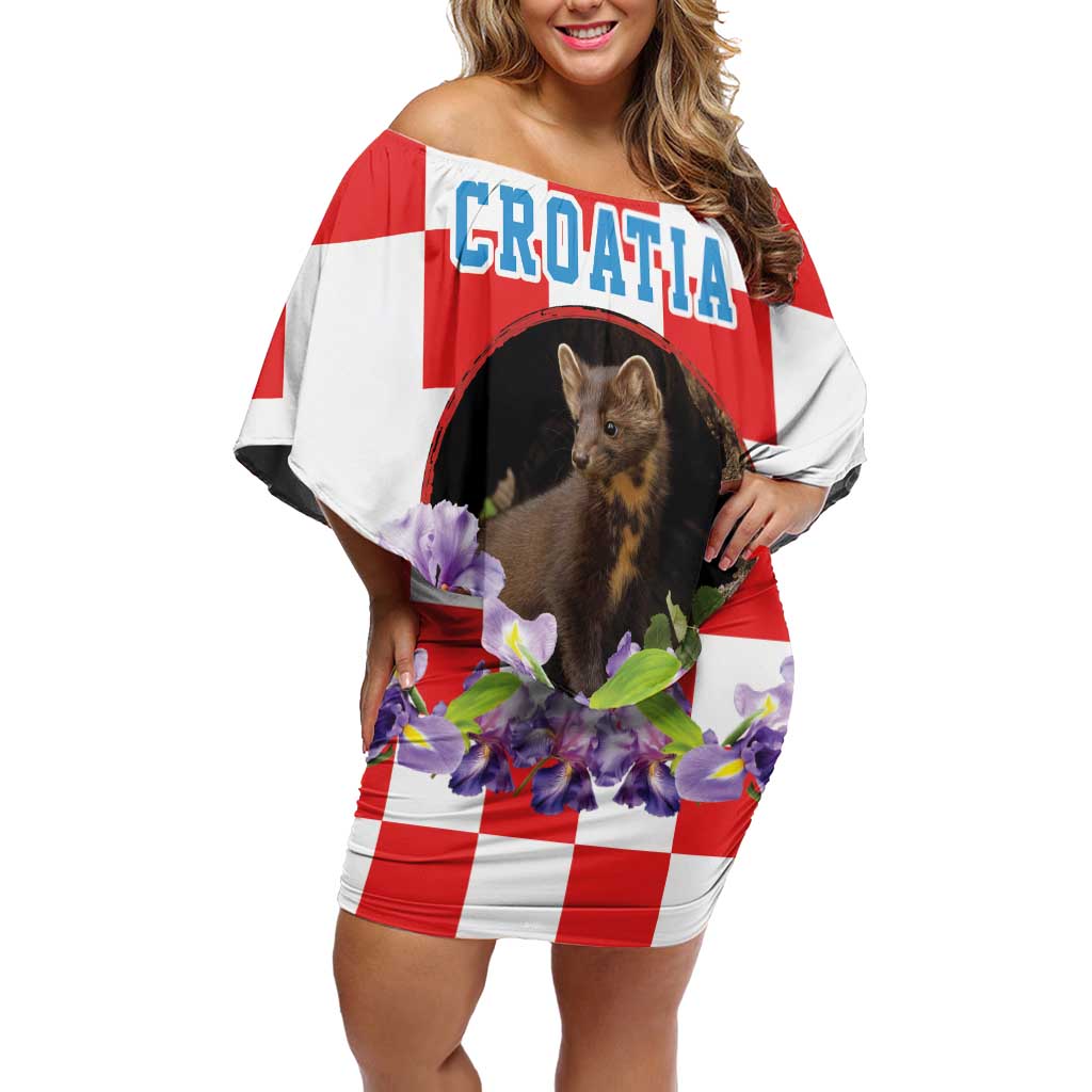 Croatia European Pine Marten and Iris Off Shoulder Short Dress National Animal and Flowers LT17 - Wonder Print Shop