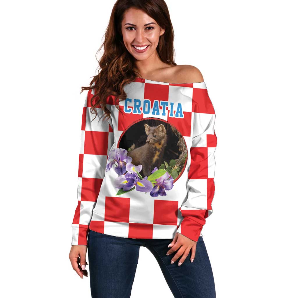 Croatia European Pine Marten and Iris Off Shoulder Sweater National Animal and Flowers LT17 - Wonder Print Shop