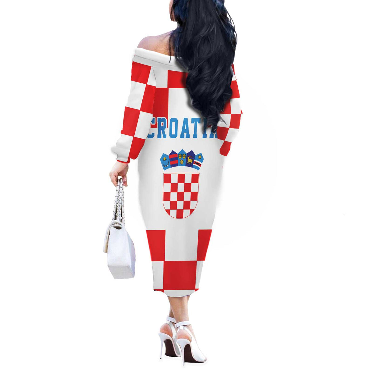 Croatia European Pine Marten and Iris Off The Shoulder Long Sleeve Dress National Animal and Flowers LT17 - Wonder Print Shop