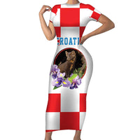 Croatia European Pine Marten and Iris Short Sleeve Bodycon Dress National Animal and Flowers LT17 - Wonder Print Shop